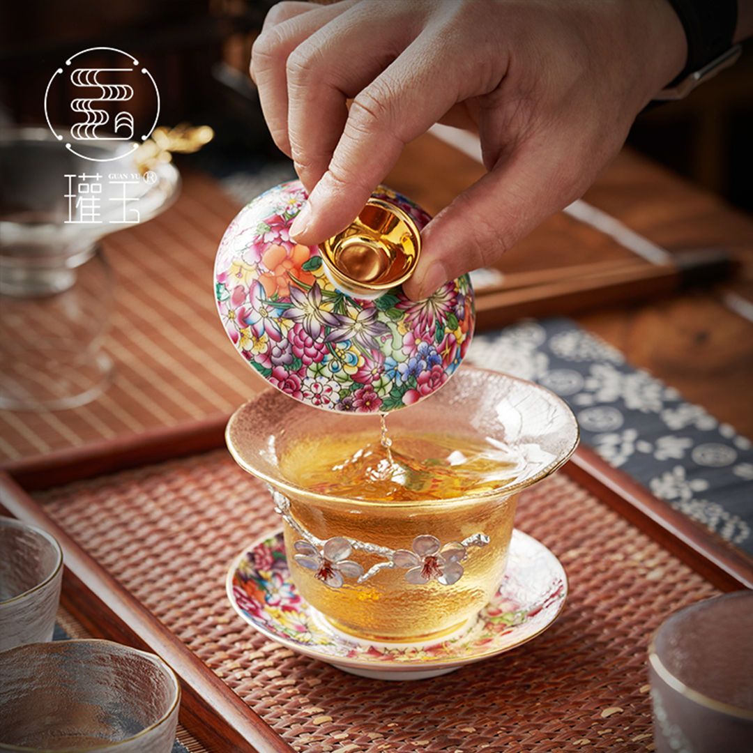 【汀和大福】琺瑯彩玻璃蓋碗茶杯大號鑲 錫三才茶碗茶具套裝 【汀和大福】琺瑯彩玻璃蓋碗茶杯大號鑲 錫三才茶碗茶具套裝